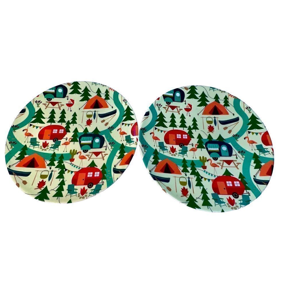 2 Camping Dinnerware Plates Plastic Camp Plates, Fire, Camper, Camping Scene